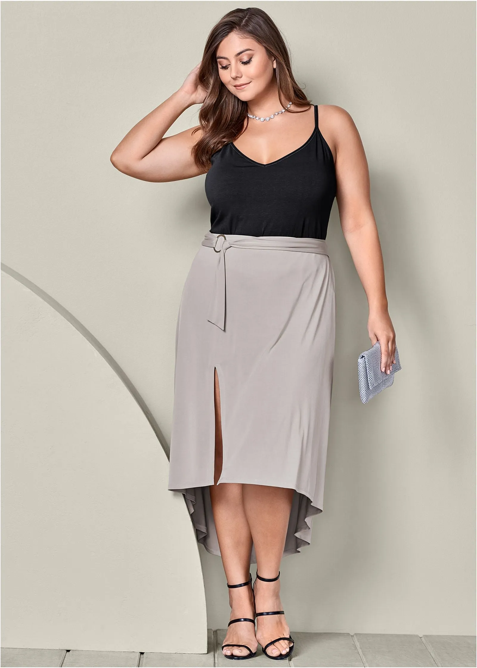 Belted High-Low Maxi Skirt - Grey