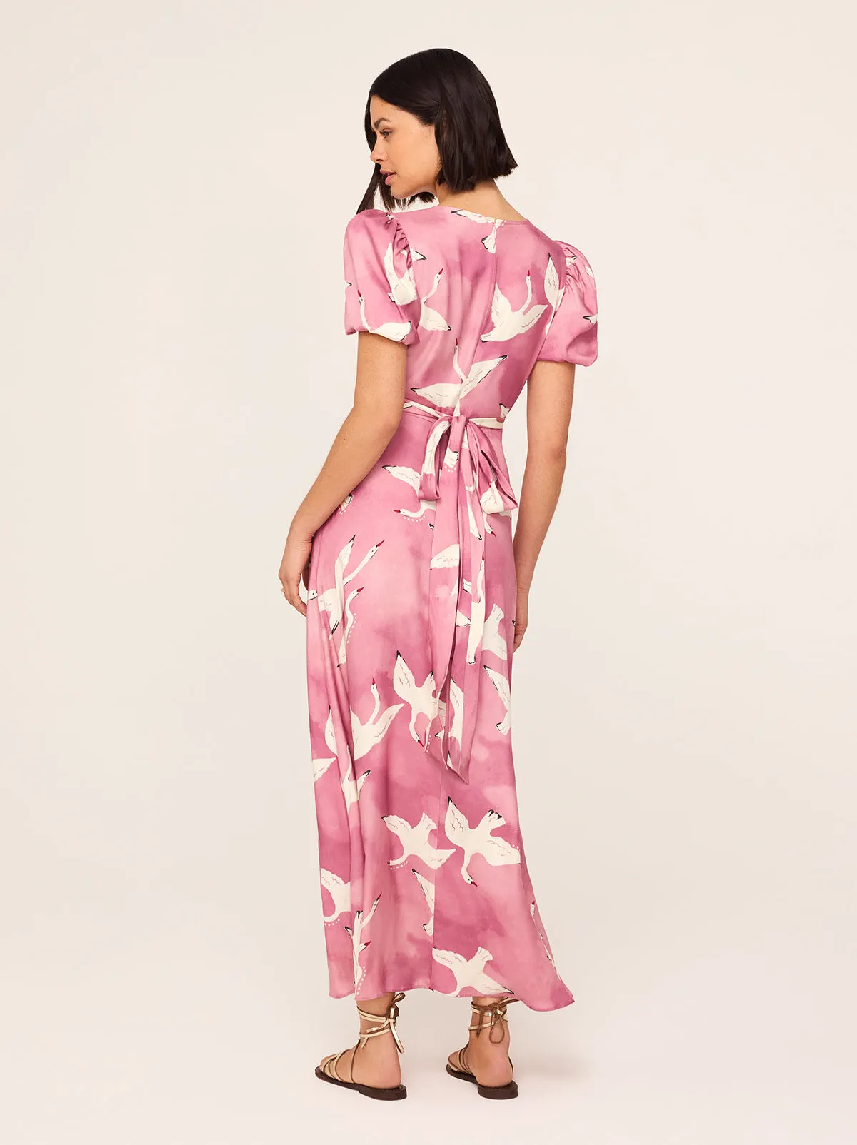 Bernice Pink Swans Print Midi Dress