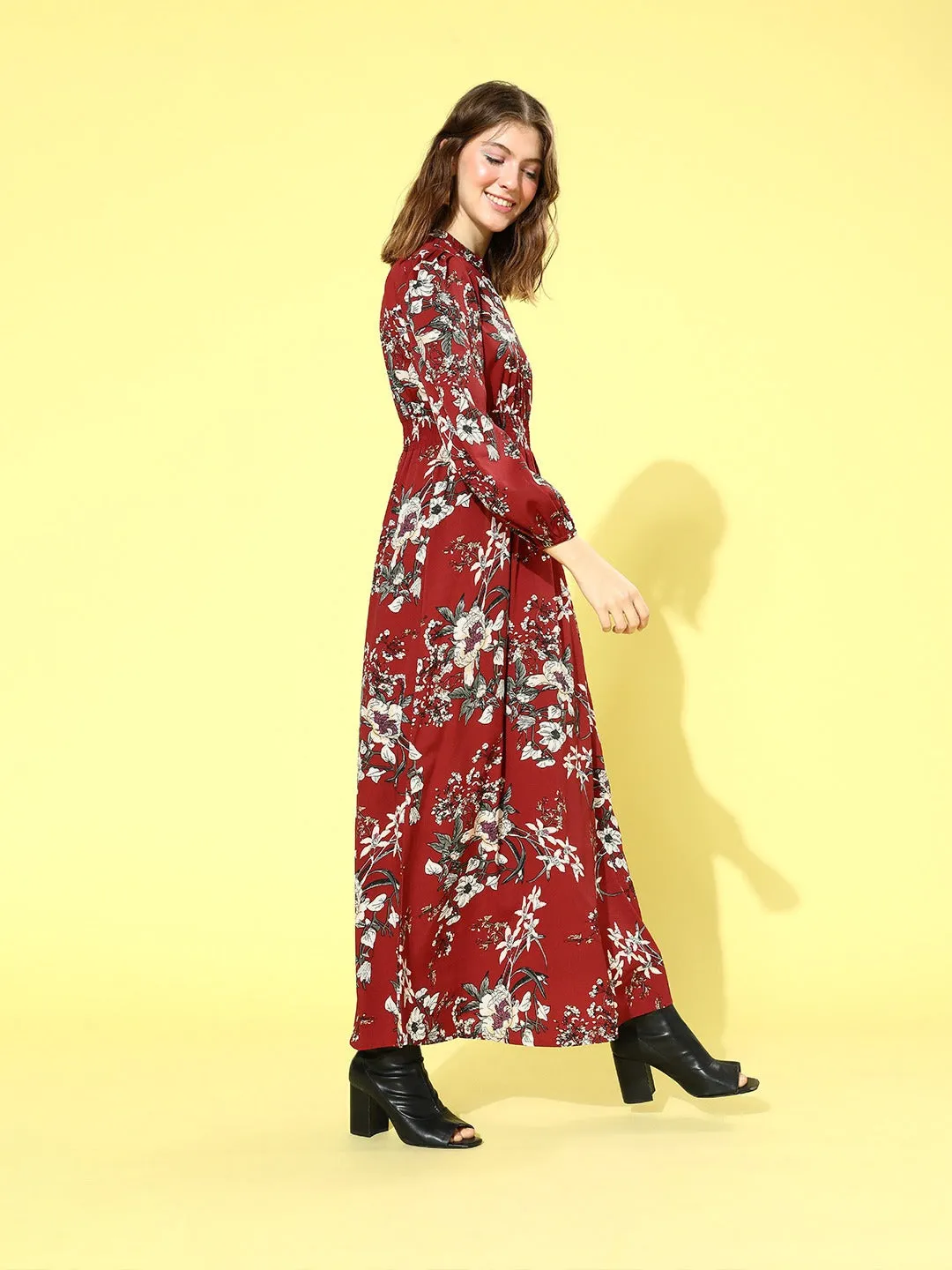 Berrylush Women Maroon Floral Printed Mock Neck A-Line Maxi Dress