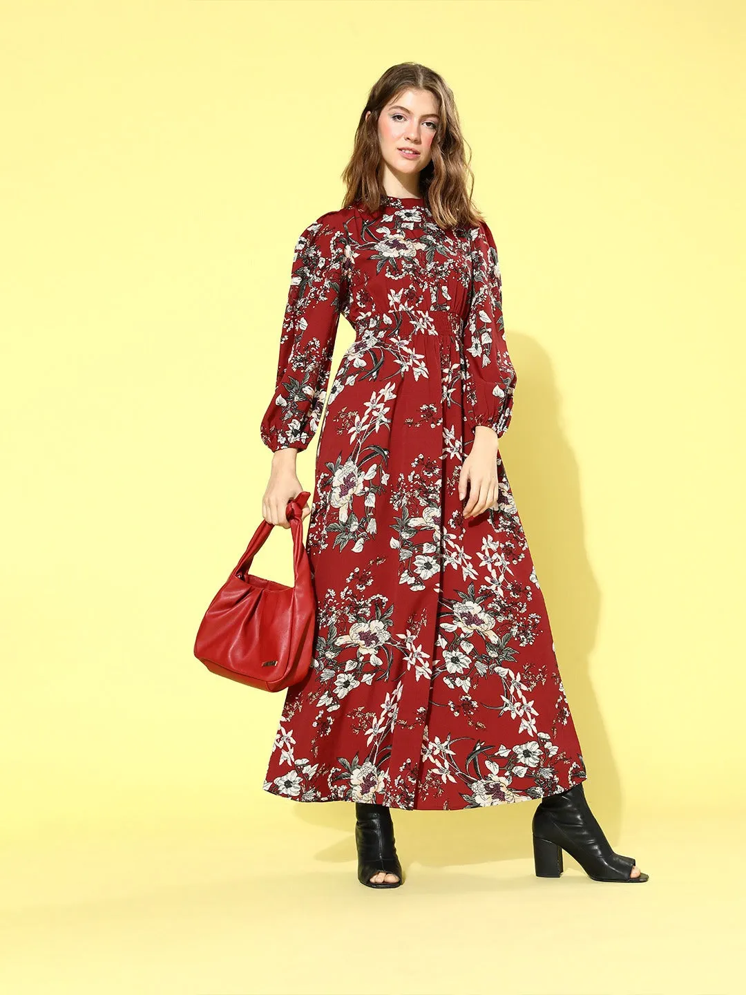 Berrylush Women Maroon Floral Printed Mock Neck A-Line Maxi Dress