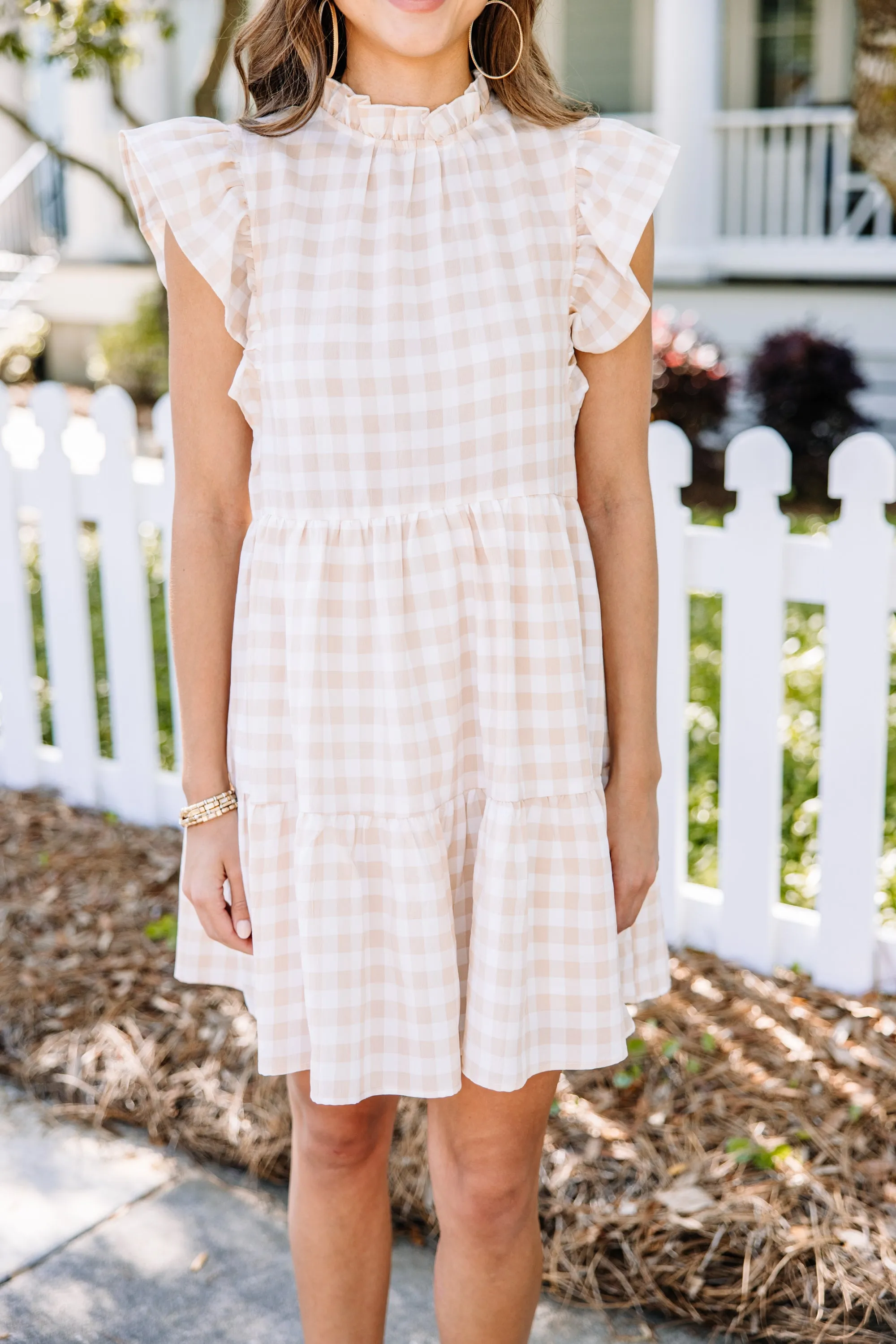 Best Day Ever Taupe Brown Gingham Babydoll Dress