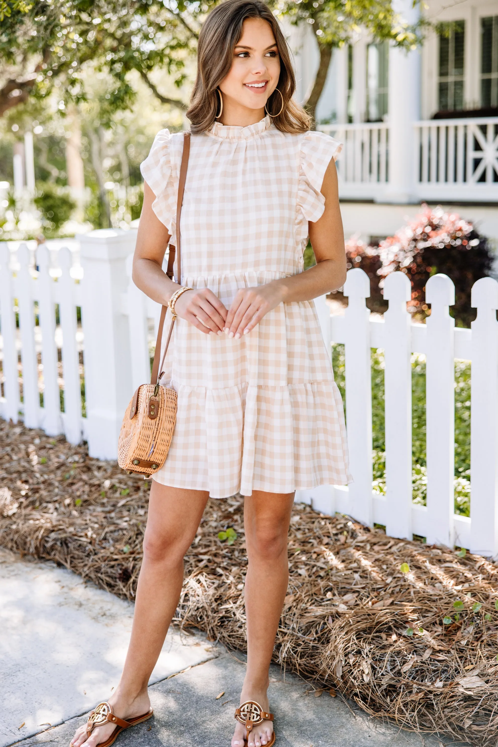 Best Day Ever Taupe Brown Gingham Babydoll Dress