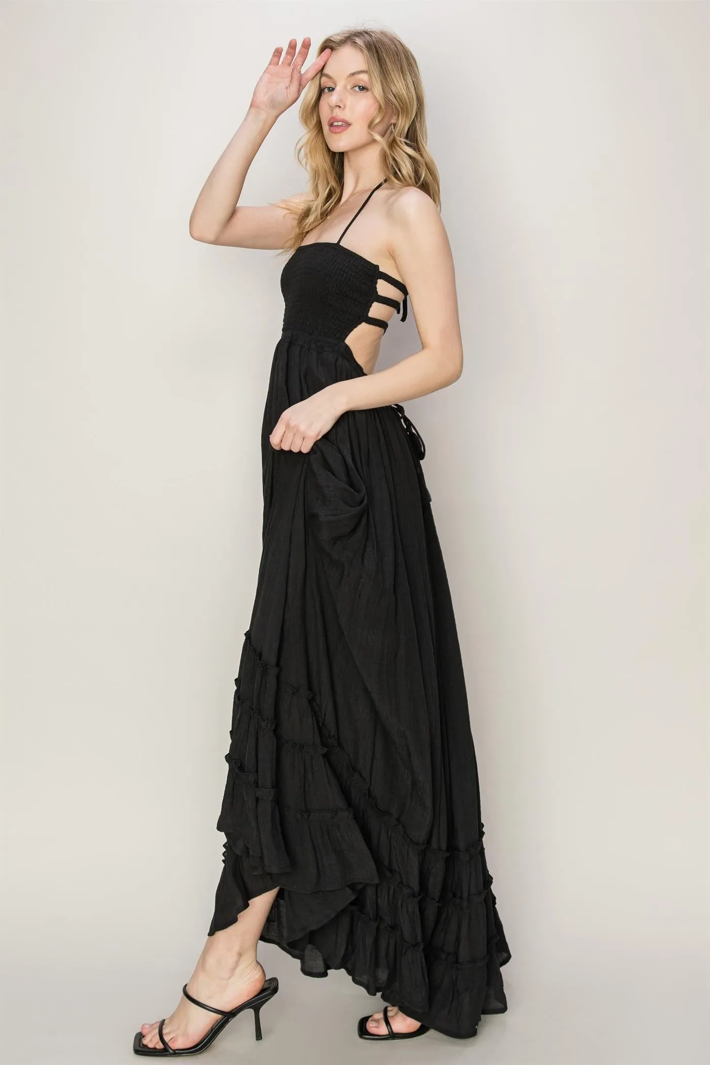 Black Backless Halter Maxi Dress