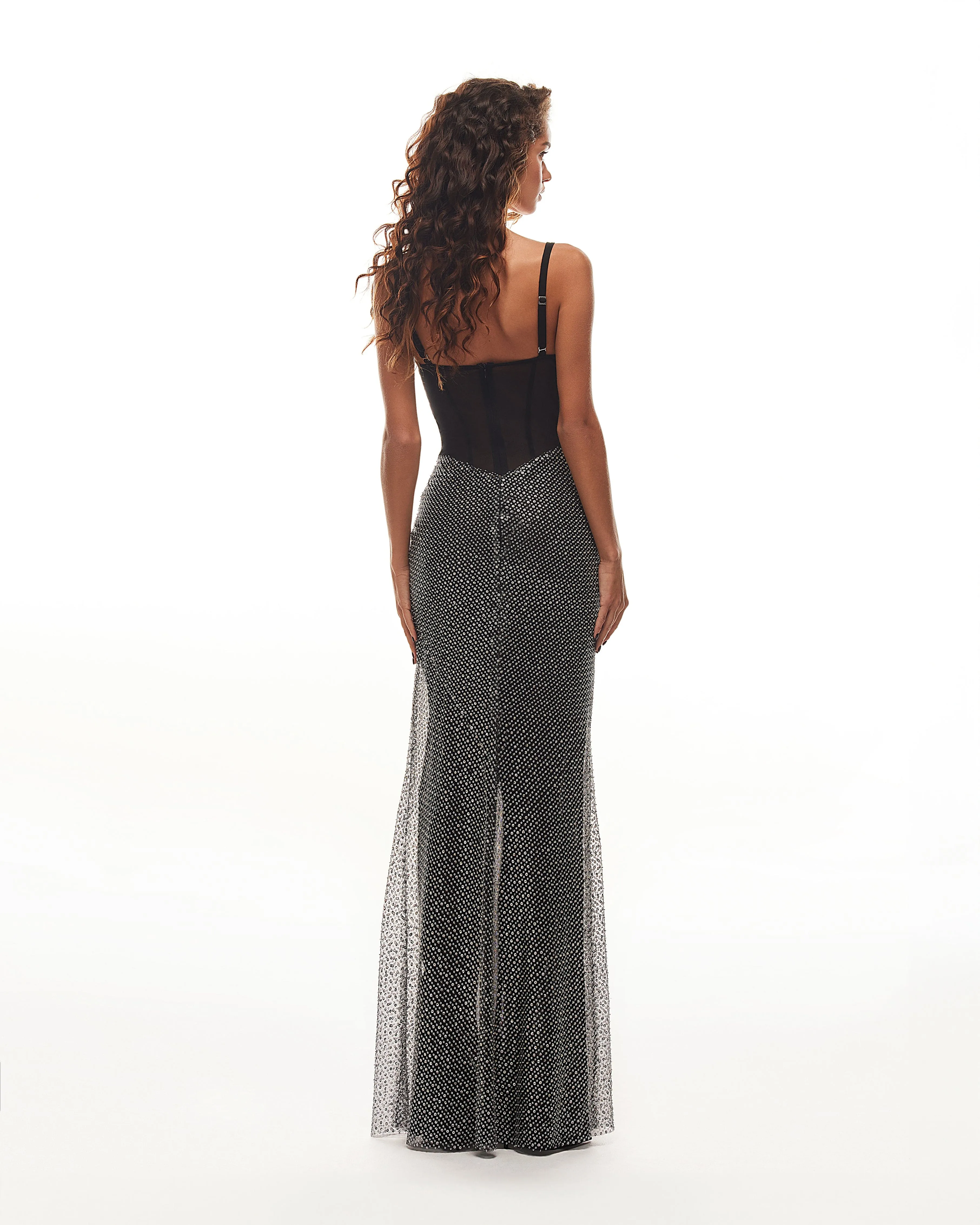 Black corset maxi dress with silver sequined maxi skirt, Smoky Quartz