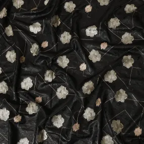 Black Cotton Silk Fabric with Ivory and Peach Floral Embroidery, 110 cm Width-D20437