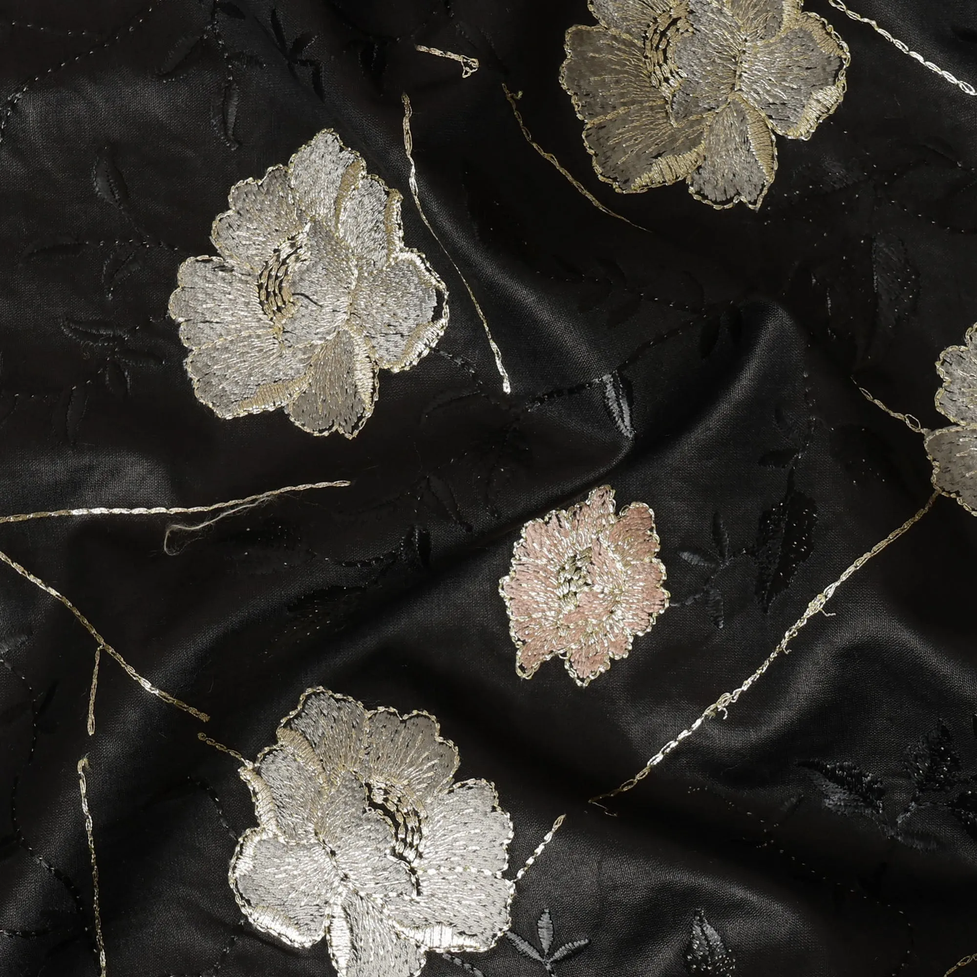 Black Cotton Silk Fabric with Ivory and Peach Floral Embroidery, 110 cm Width-D20437