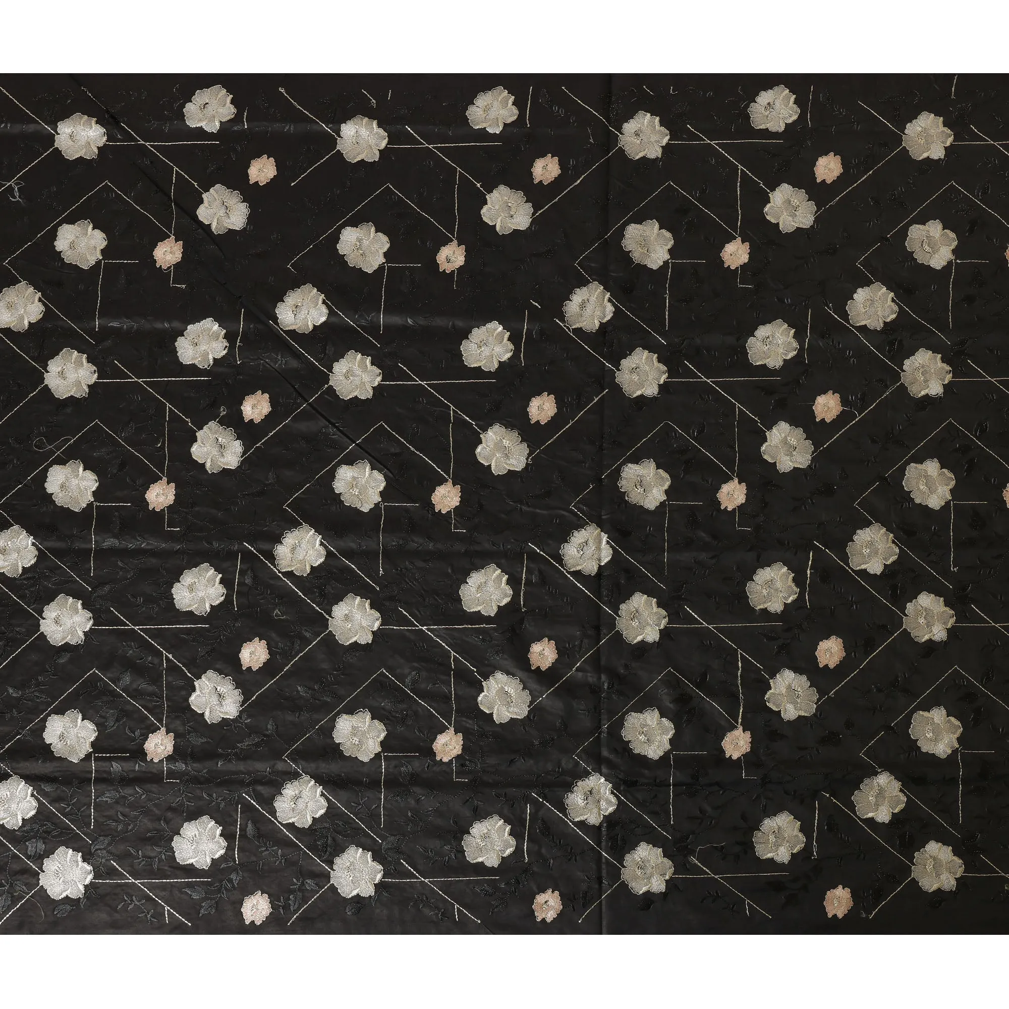 Black Cotton Silk Fabric with Ivory and Peach Floral Embroidery, 110 cm Width-D20437