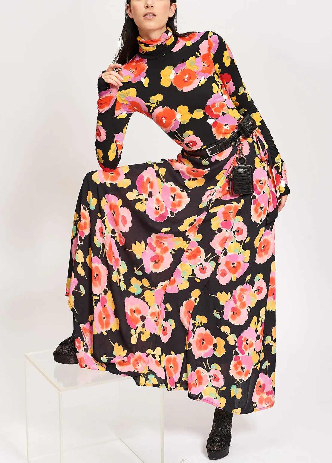 Black floral-print asymmetric maxi skirt