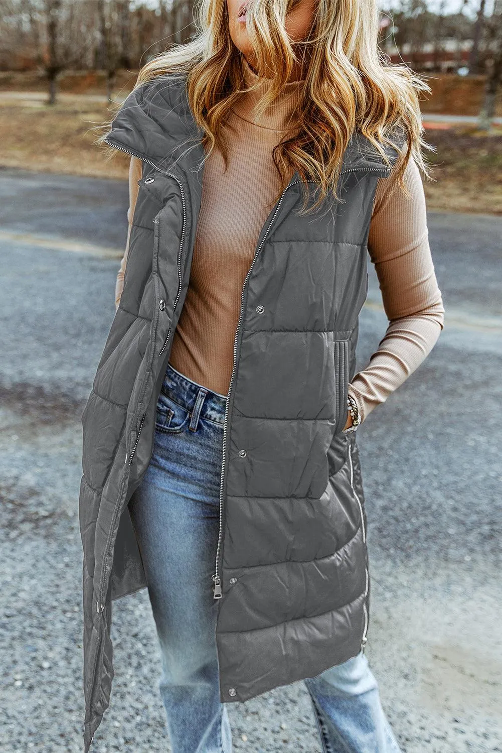 Black Hooded Long Quilted Vest Coat