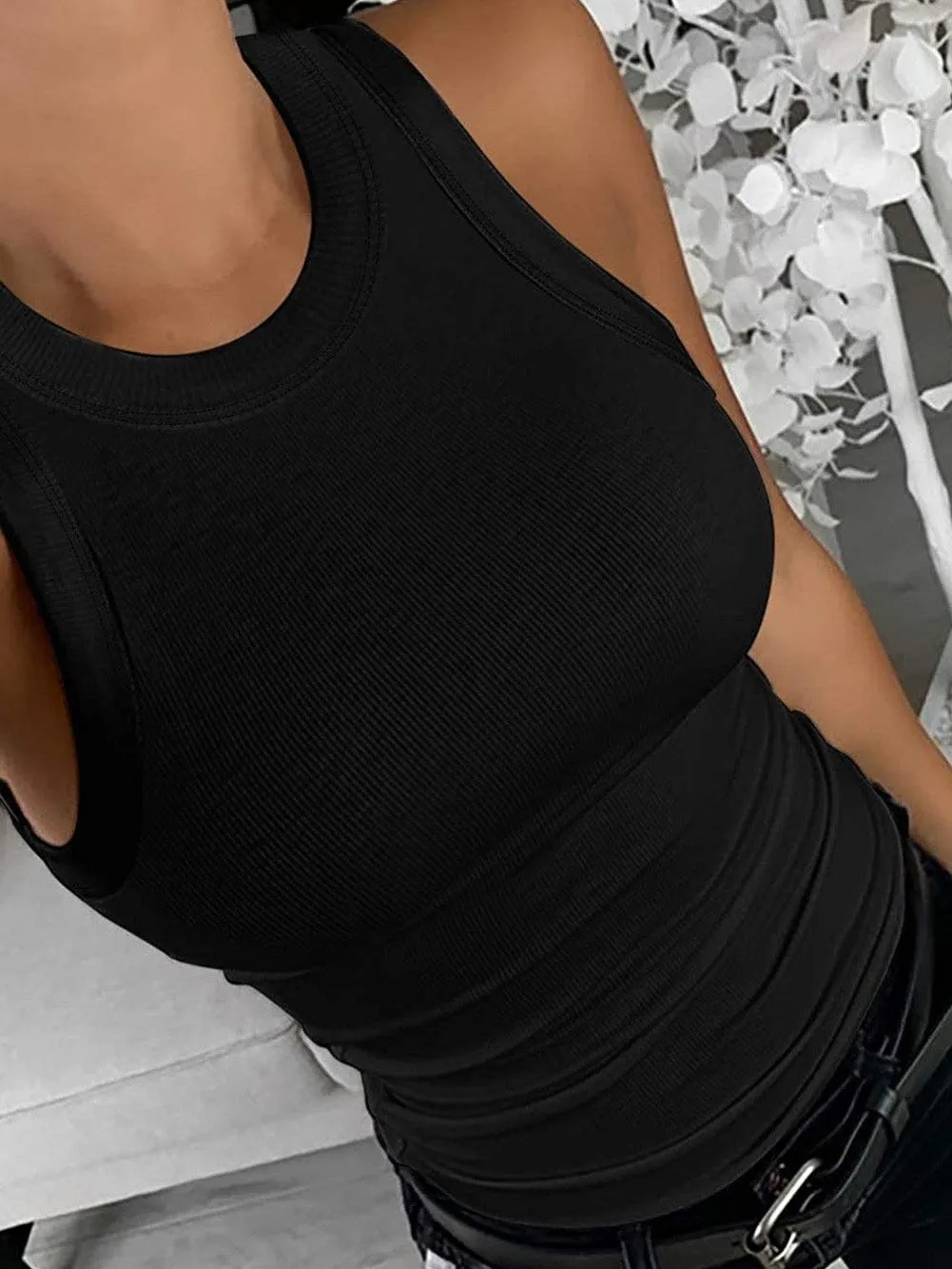 Black Ribbed Tank Top with Round Neck