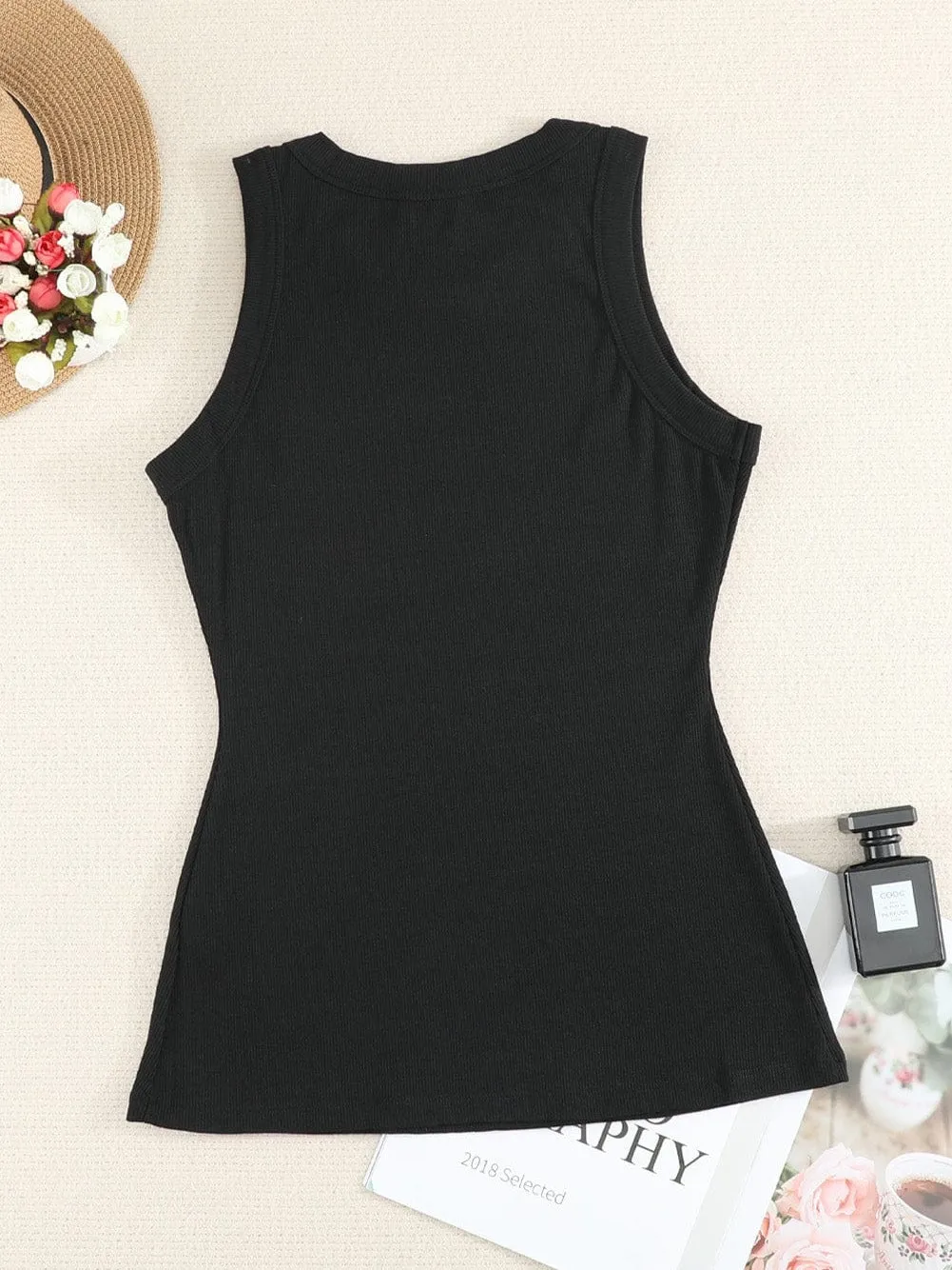 Black Ribbed Tank Top with Round Neck