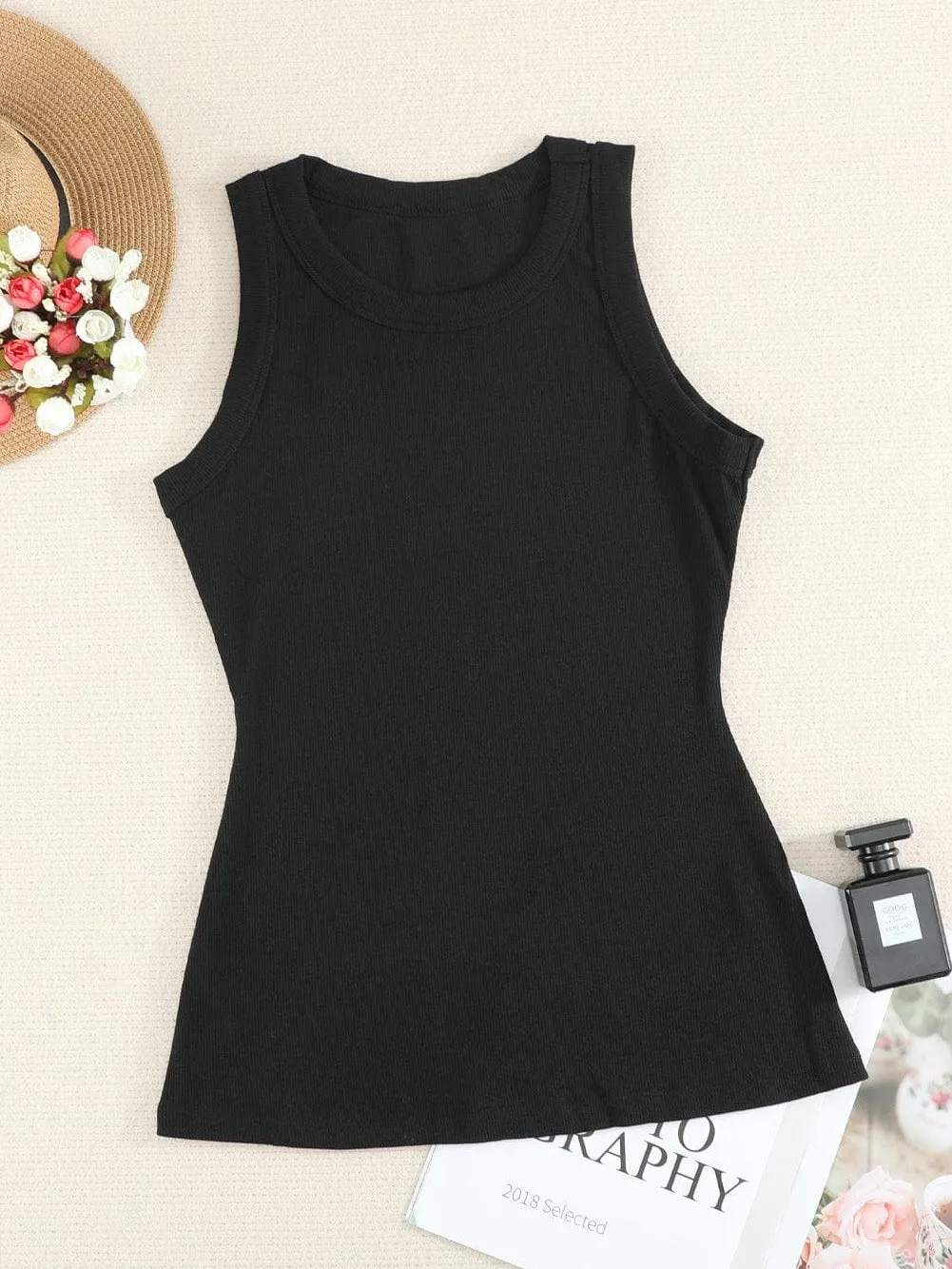 Black Ribbed Tank Top with Round Neck