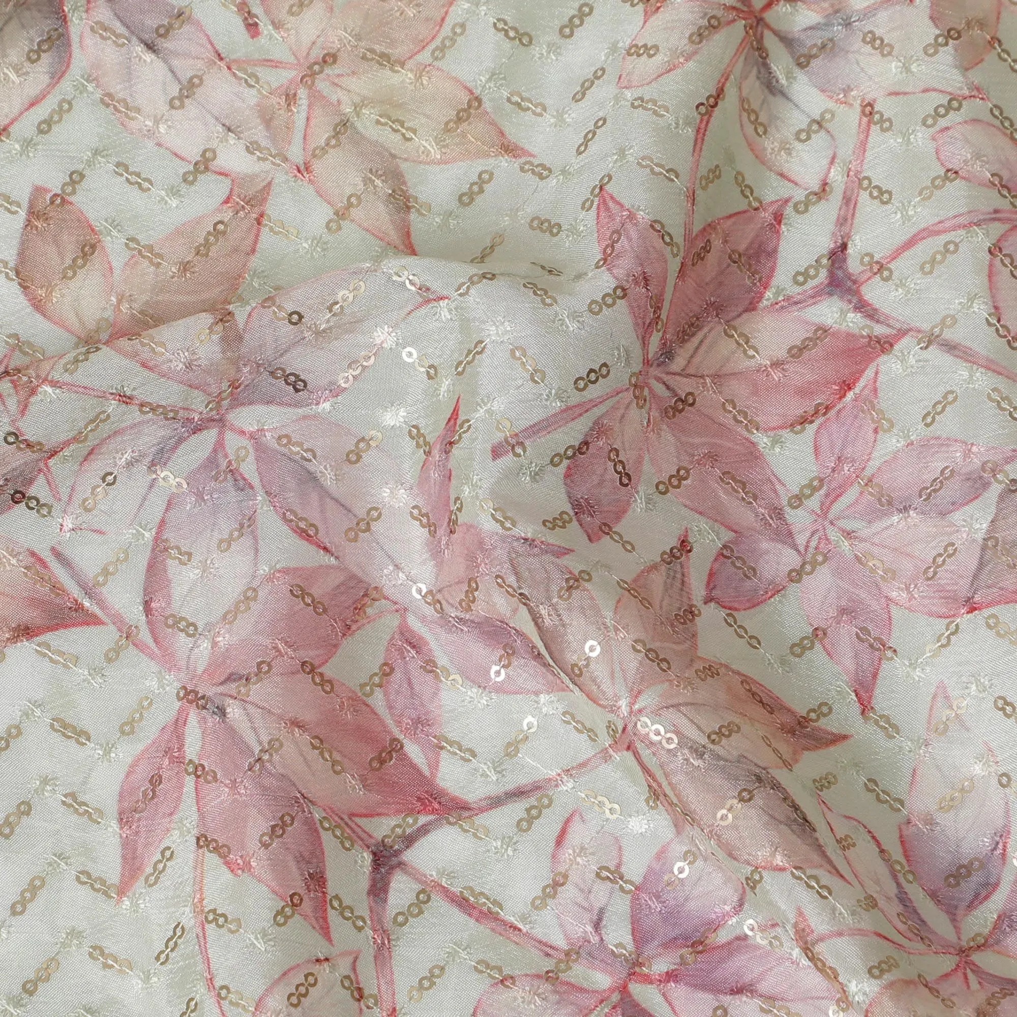 Blossom Sparkle Synthetic chinon Fabric - 110cm Wide, Sequin-Embroidered Elegance from India-D18546