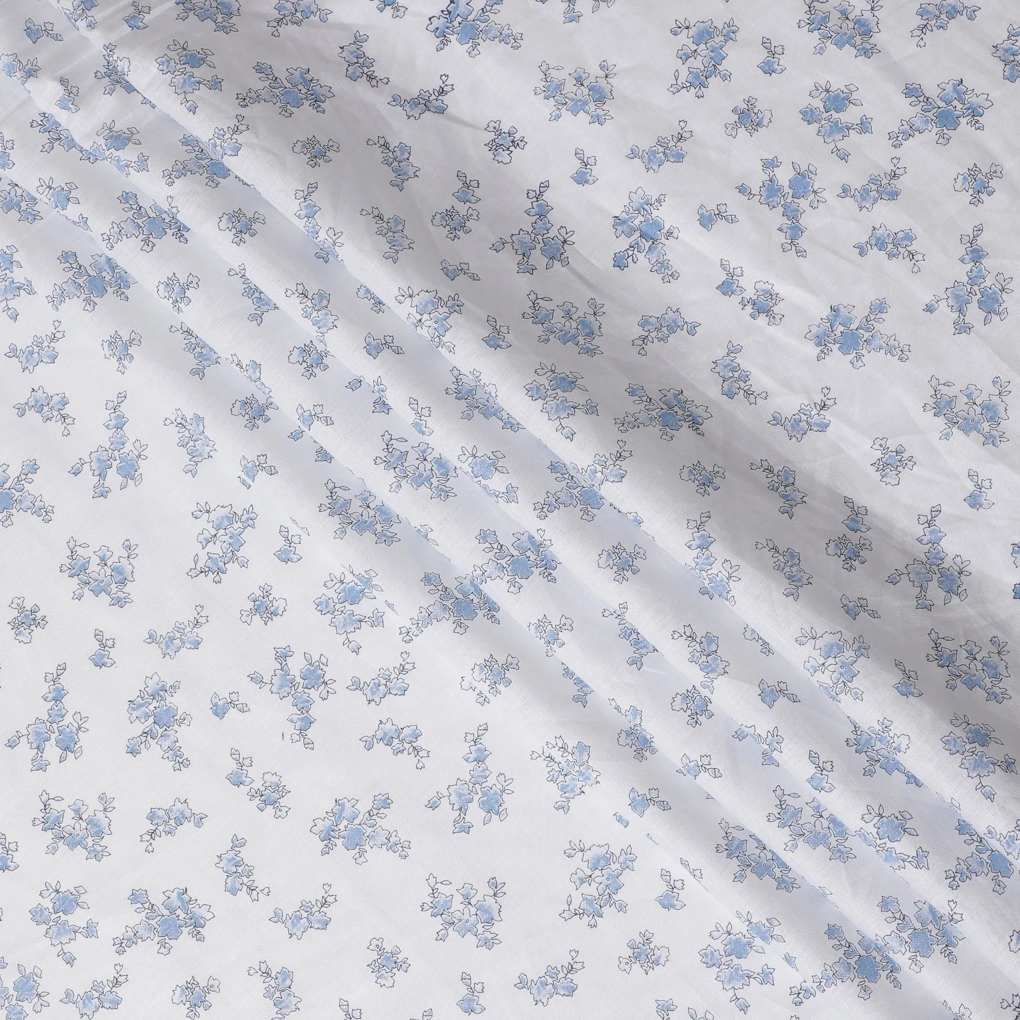 Blue Blossom Sketch Printed Linen Fabric, 150 cm Width - Delicate Florals on White-D18741