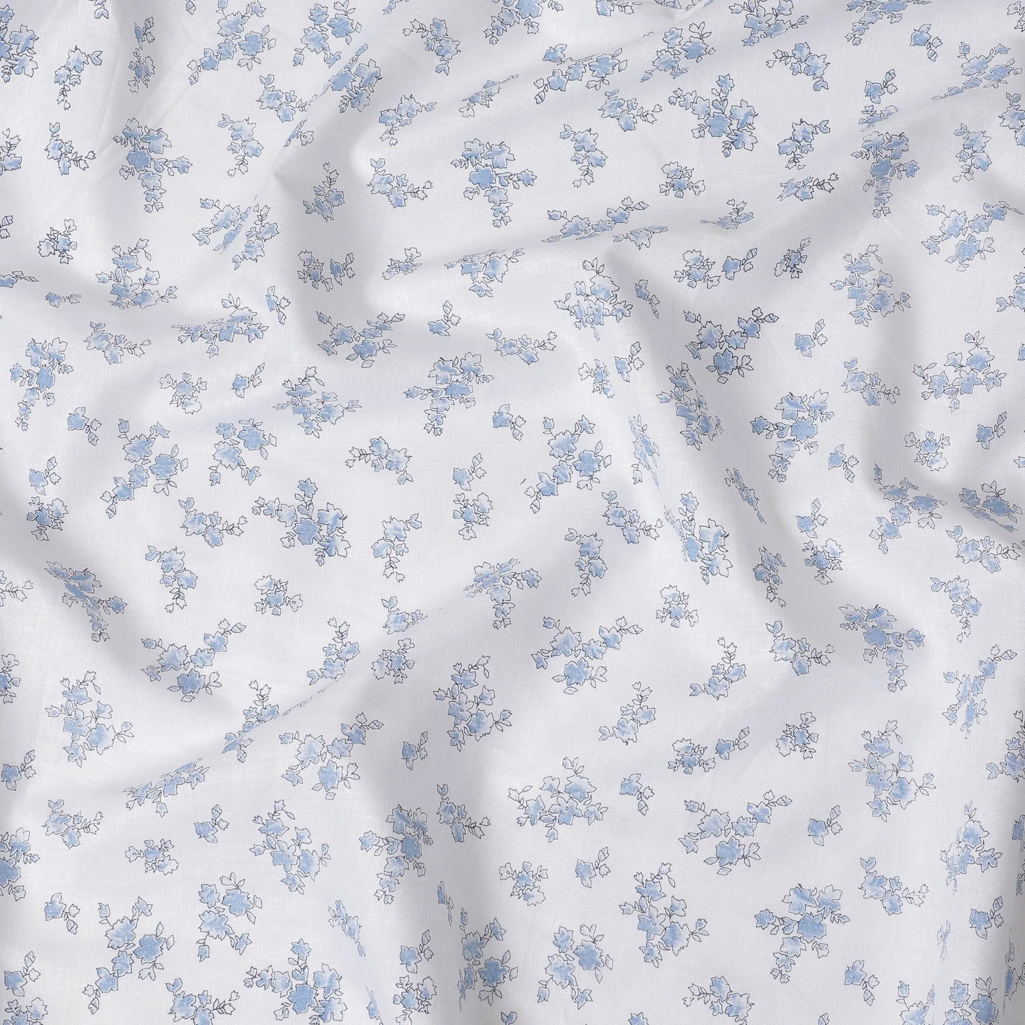 Blue Blossom Sketch Printed Linen Fabric, 150 cm Width - Delicate Florals on White-D18741