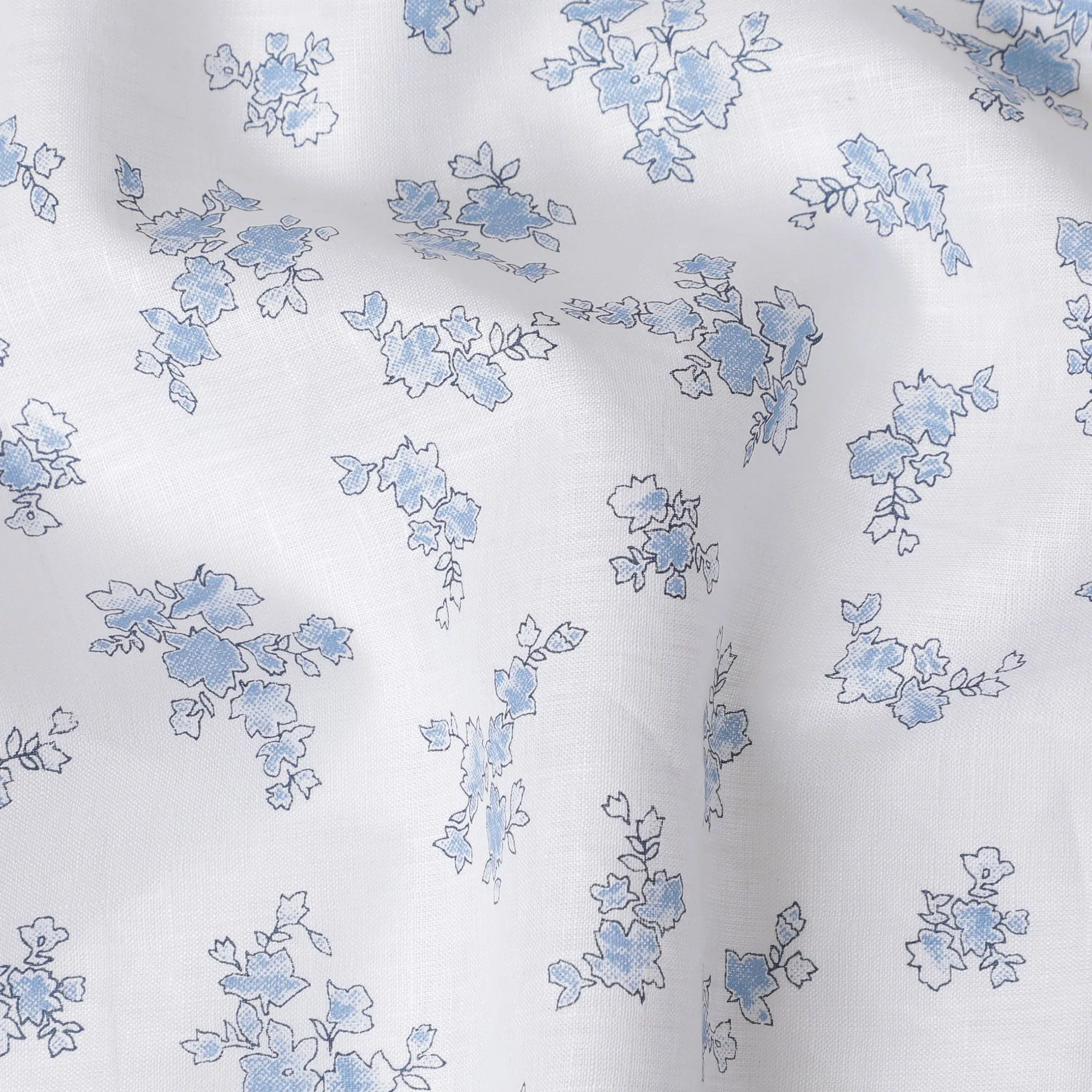 Blue Blossom Sketch Printed Linen Fabric, 150 cm Width - Delicate Florals on White-D18741