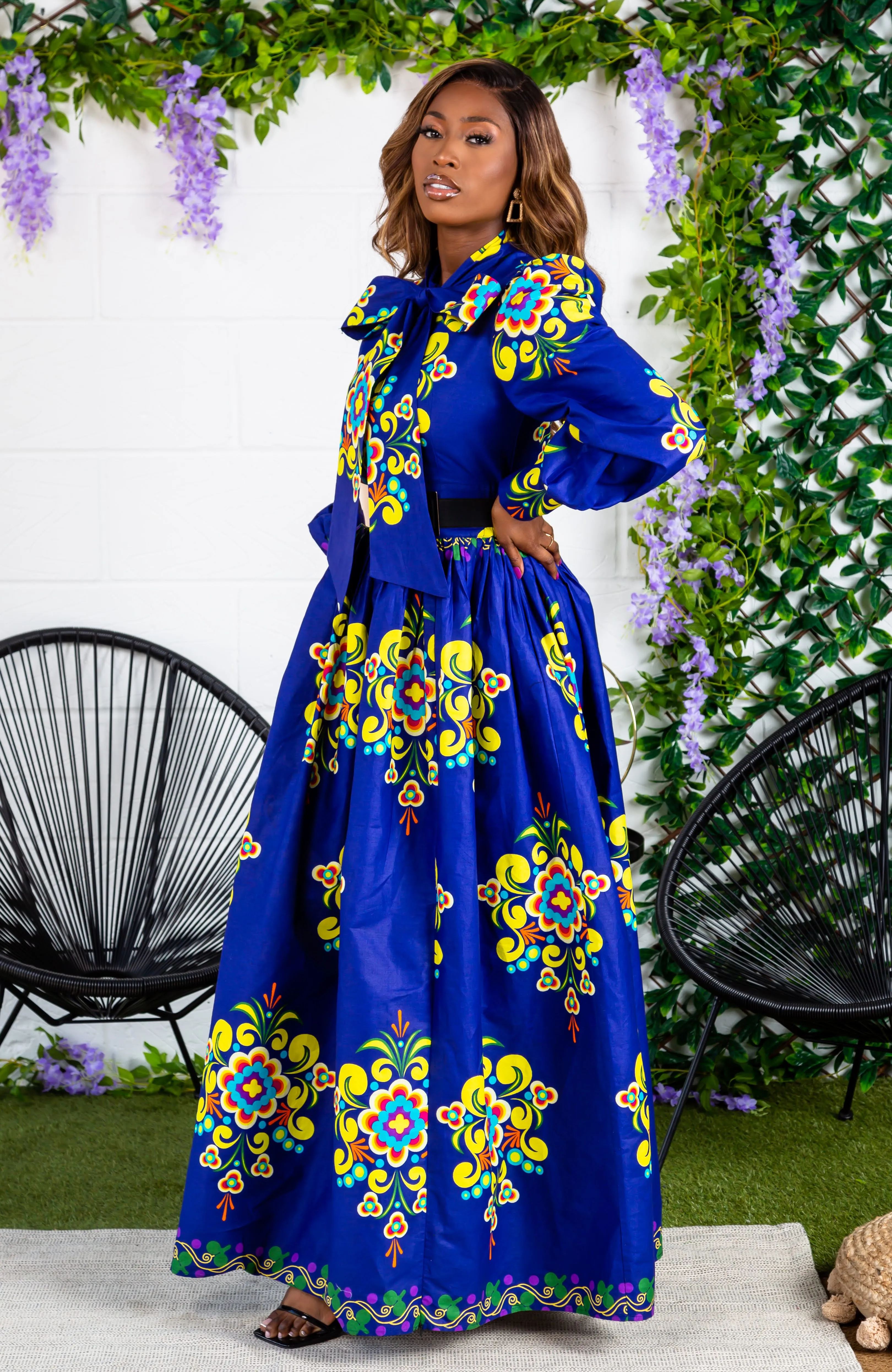 Blue Floral African Print Pussybow Ankara Maxi Dress - FRANCA