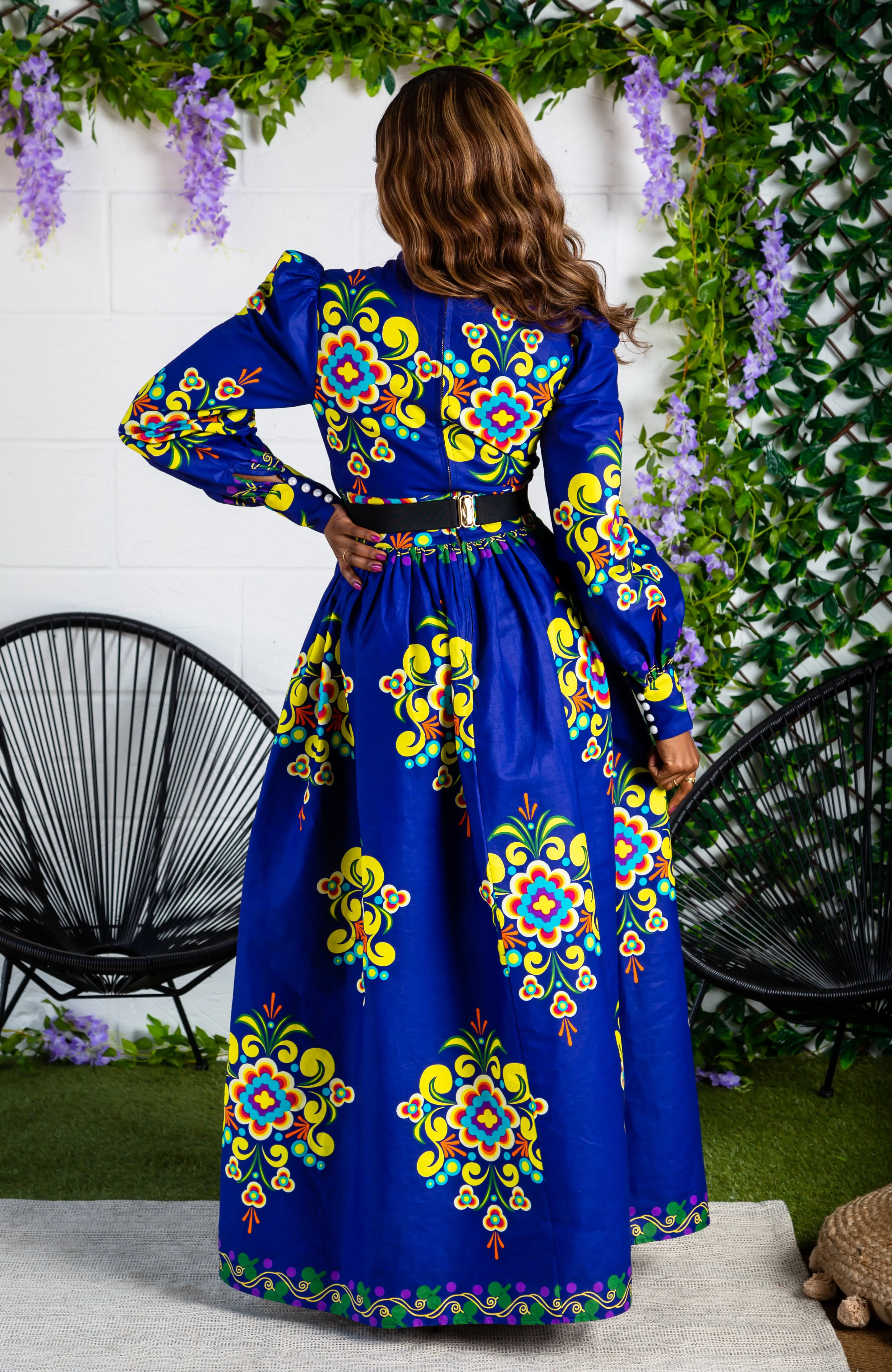 Blue Floral African Print Pussybow Ankara Maxi Dress - FRANCA