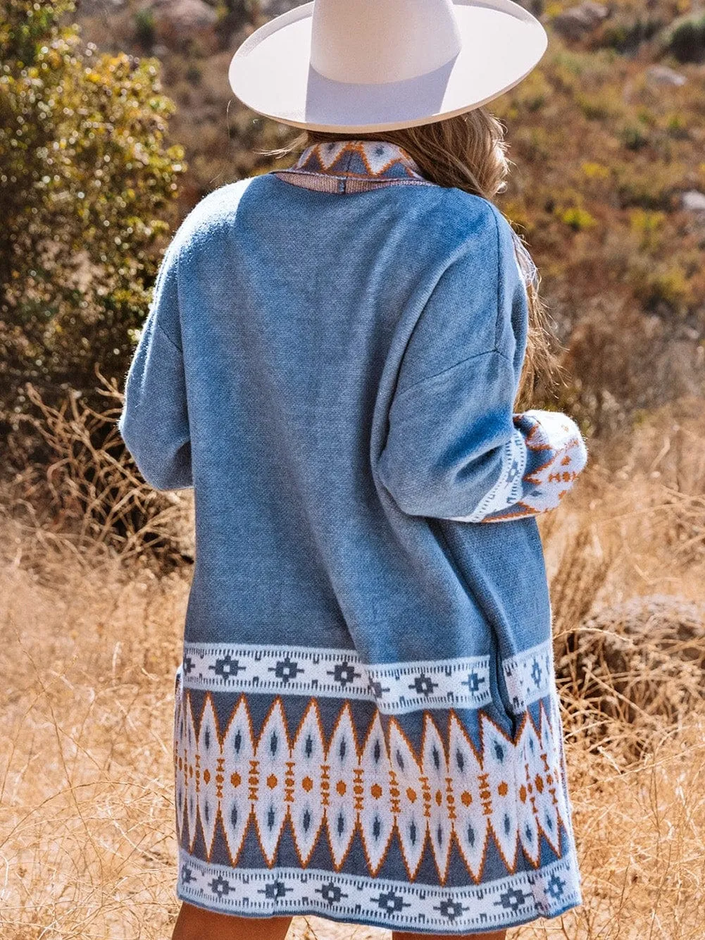 Blue Geometric Patterned Knit Open Front Cardigan