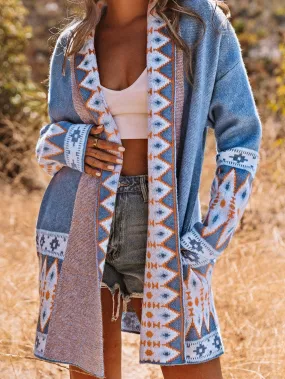 Blue Geometric Patterned Knit Open Front Cardigan