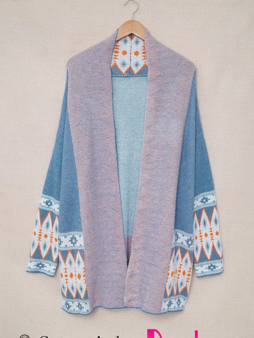 Blue Geometric Patterned Knit Open Front Cardigan