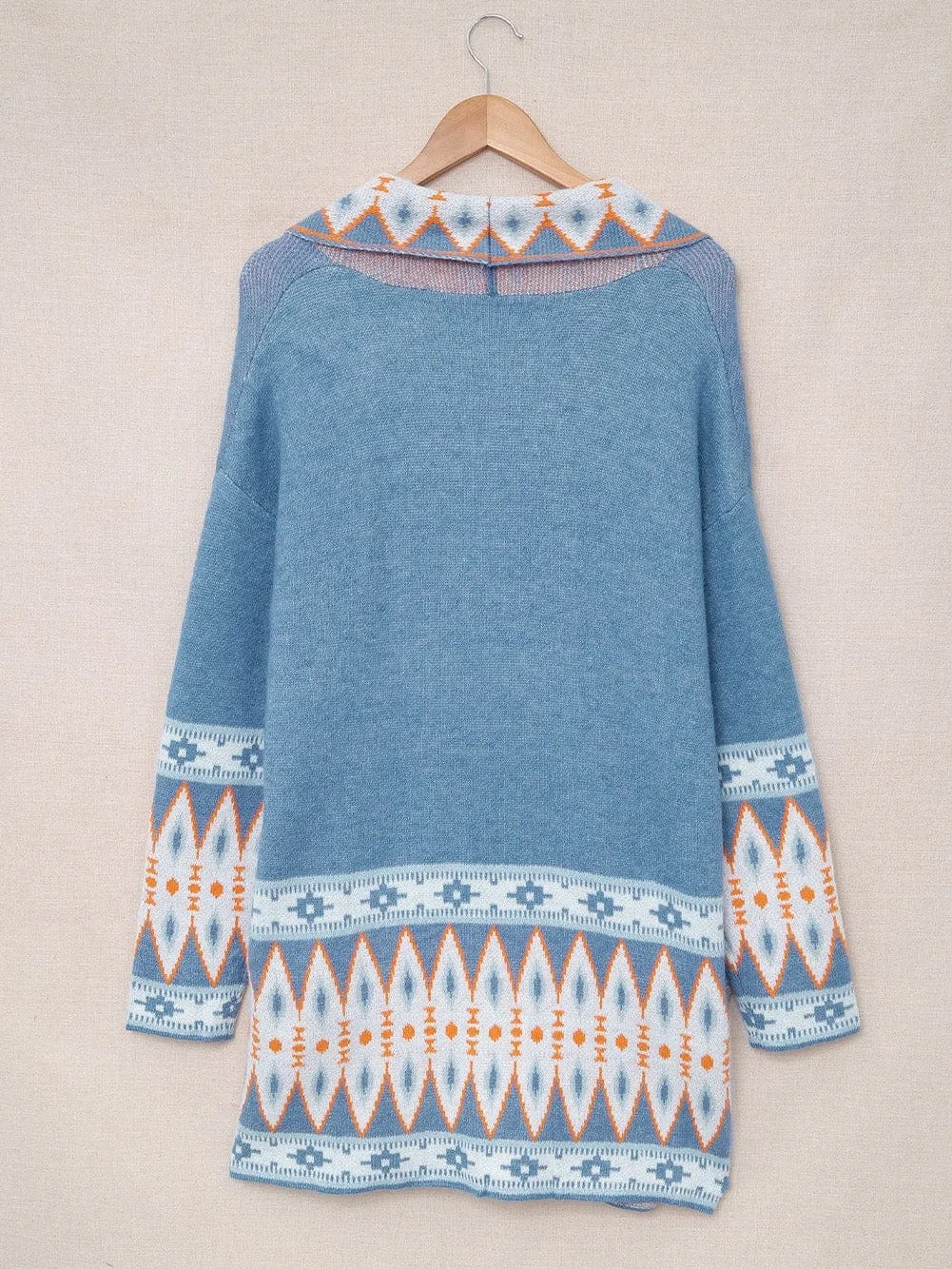 Blue Geometric Patterned Knit Open Front Cardigan