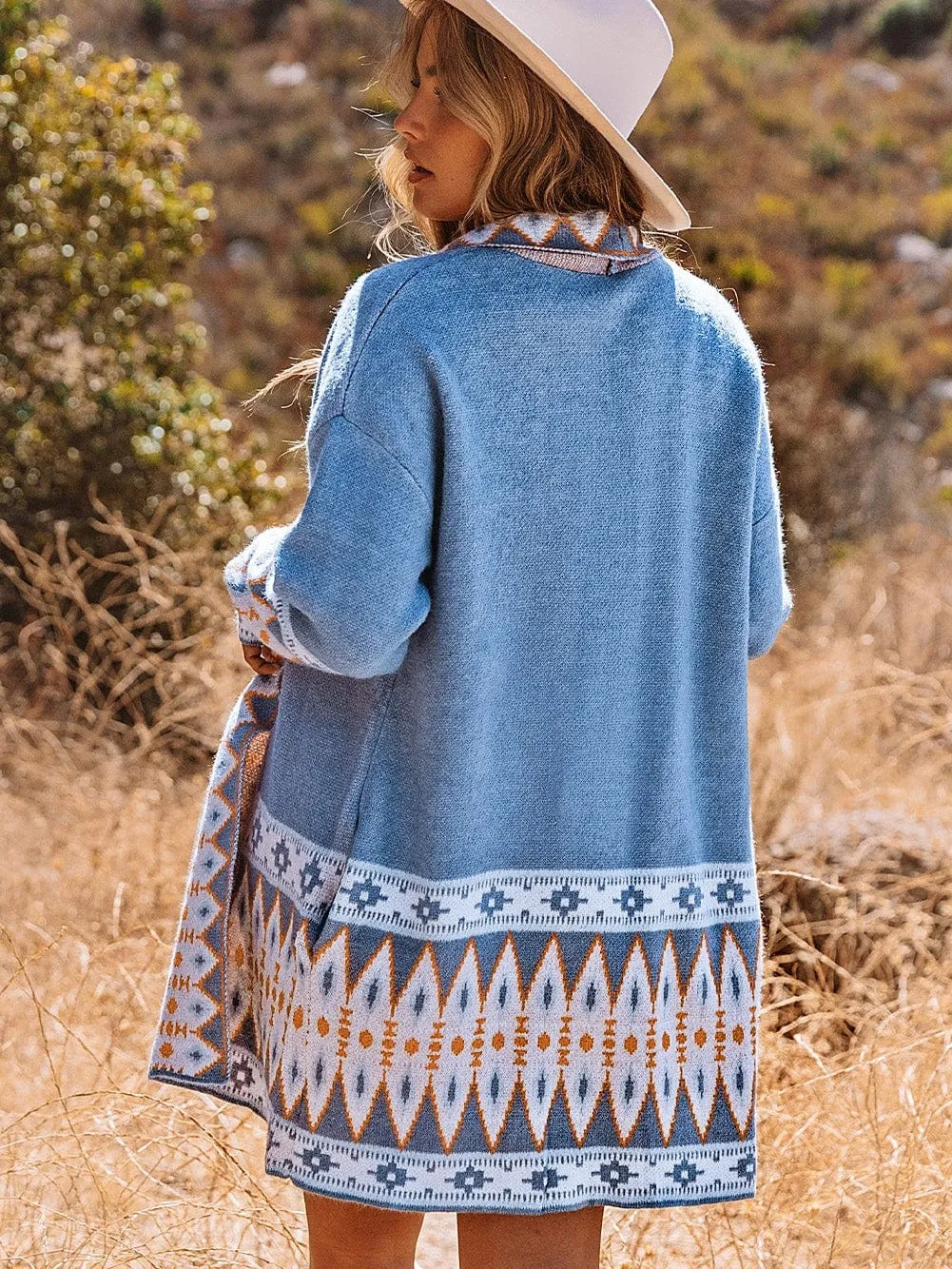 Blue Geometric Patterned Knit Open Front Cardigan