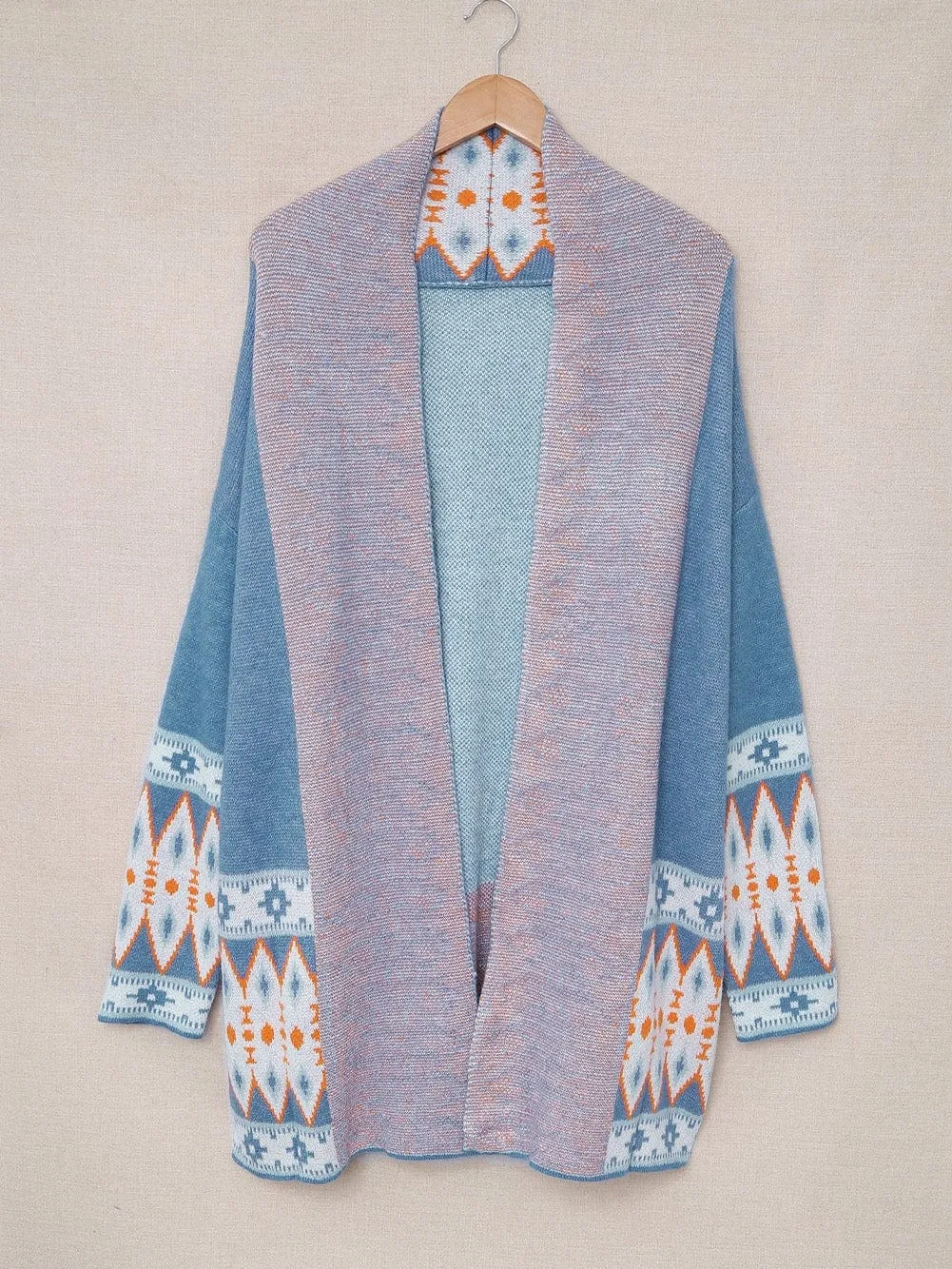 Blue Geometric Patterned Knit Open Front Cardigan