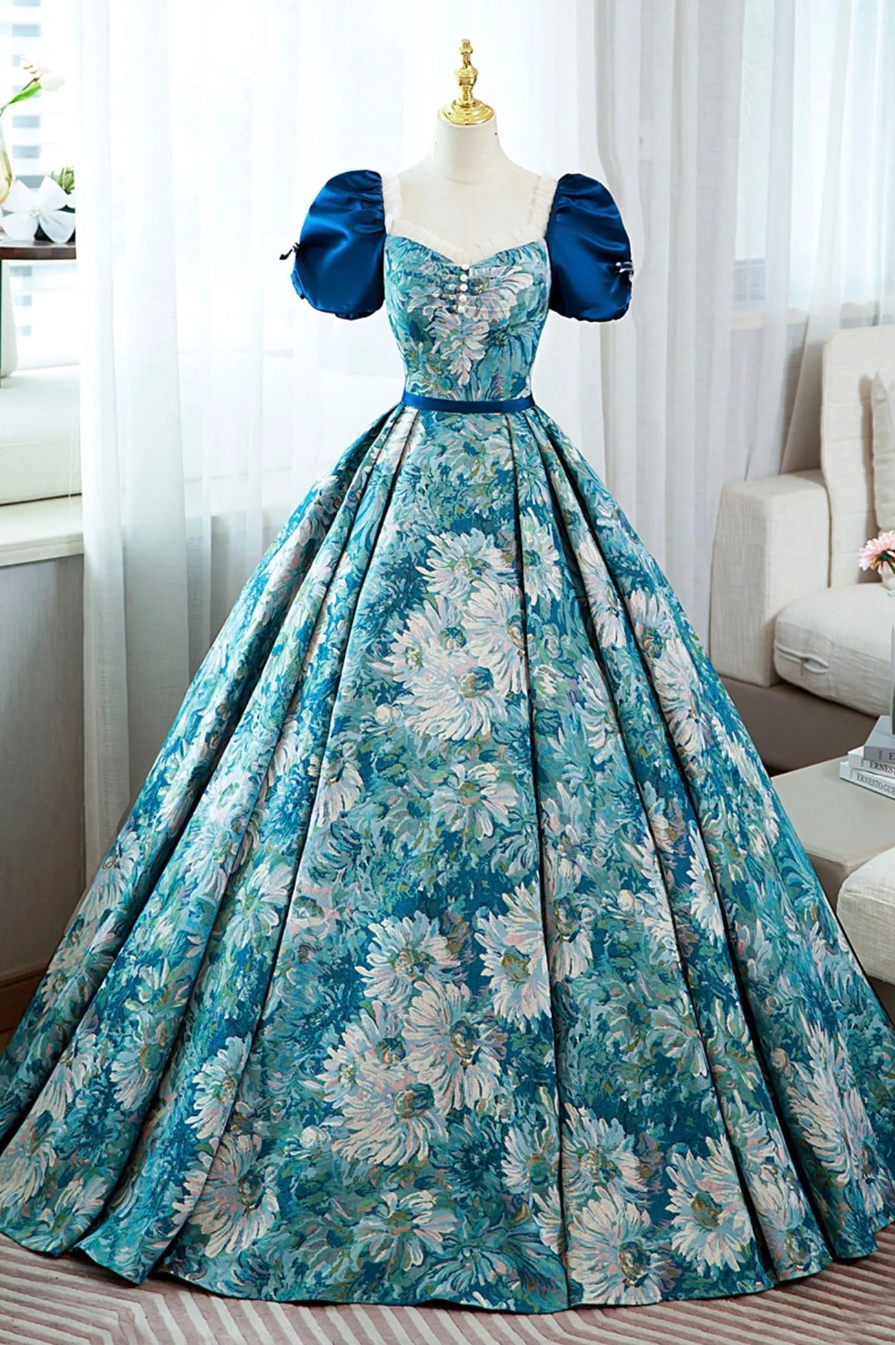 Blue Printed Long A-Line Prom Dress, Elegant Short Sleeve Formal Dress