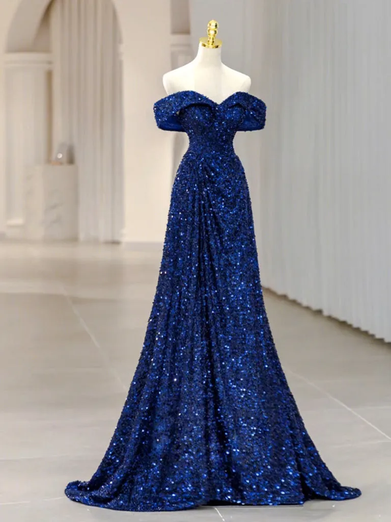 Blue Velvet Sequin Long Prom Dress, Blue Formal Dress