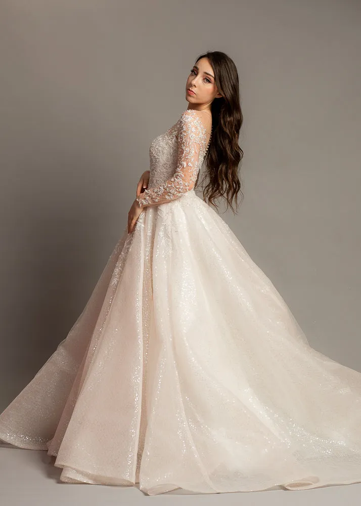 Blush pink long sleeves princess gown for hire