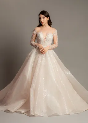 Blush pink long sleeves princess gown for hire