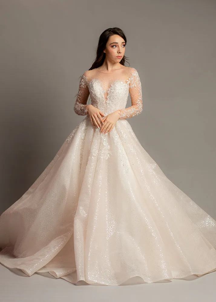 Blush pink long sleeves princess gown for hire