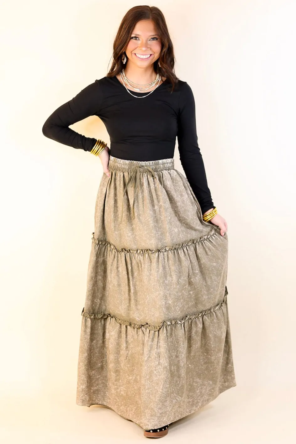 Boho Bliss Acid Wash Tiered Ruffle Maxi Skirt in Olive Green