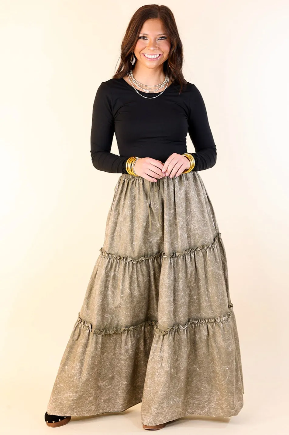 Boho Bliss Acid Wash Tiered Ruffle Maxi Skirt in Olive Green