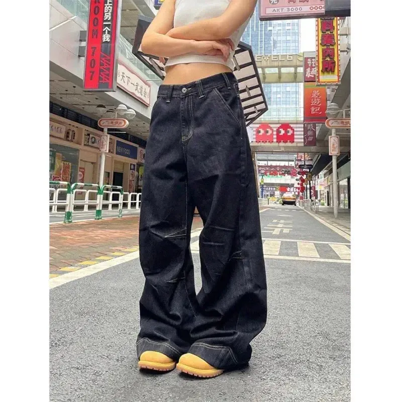 Bonnyshow Grunge Y2k Black Jeans Women Vintage Oversized High Street Cargo Denim Trousers Wide Casual Baggy Straight Denim Pants