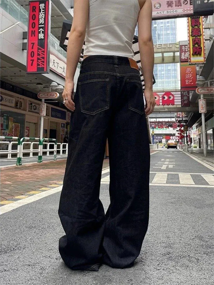 Bonnyshow Grunge Y2k Black Jeans Women Vintage Oversized High Street Cargo Denim Trousers Wide Casual Baggy Straight Denim Pants