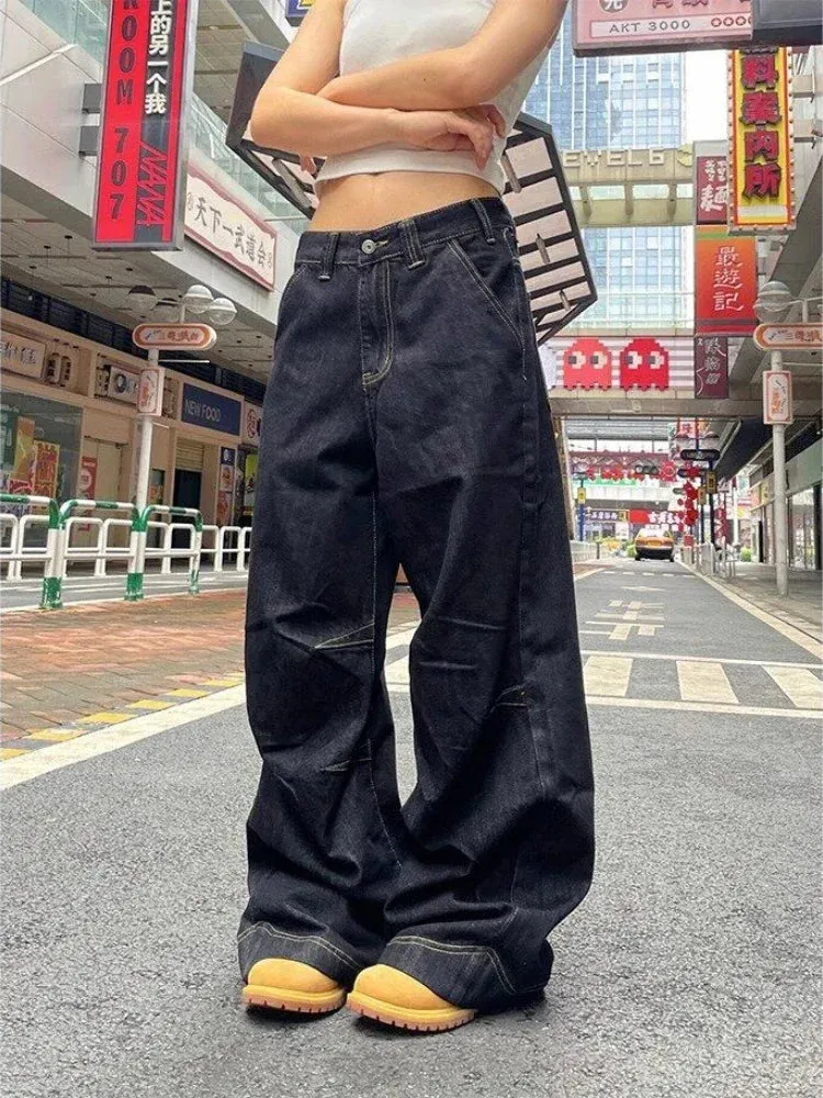 Bonnyshow Grunge Y2k Black Jeans Women Vintage Oversized High Street Cargo Denim Trousers Wide Casual Baggy Straight Denim Pants