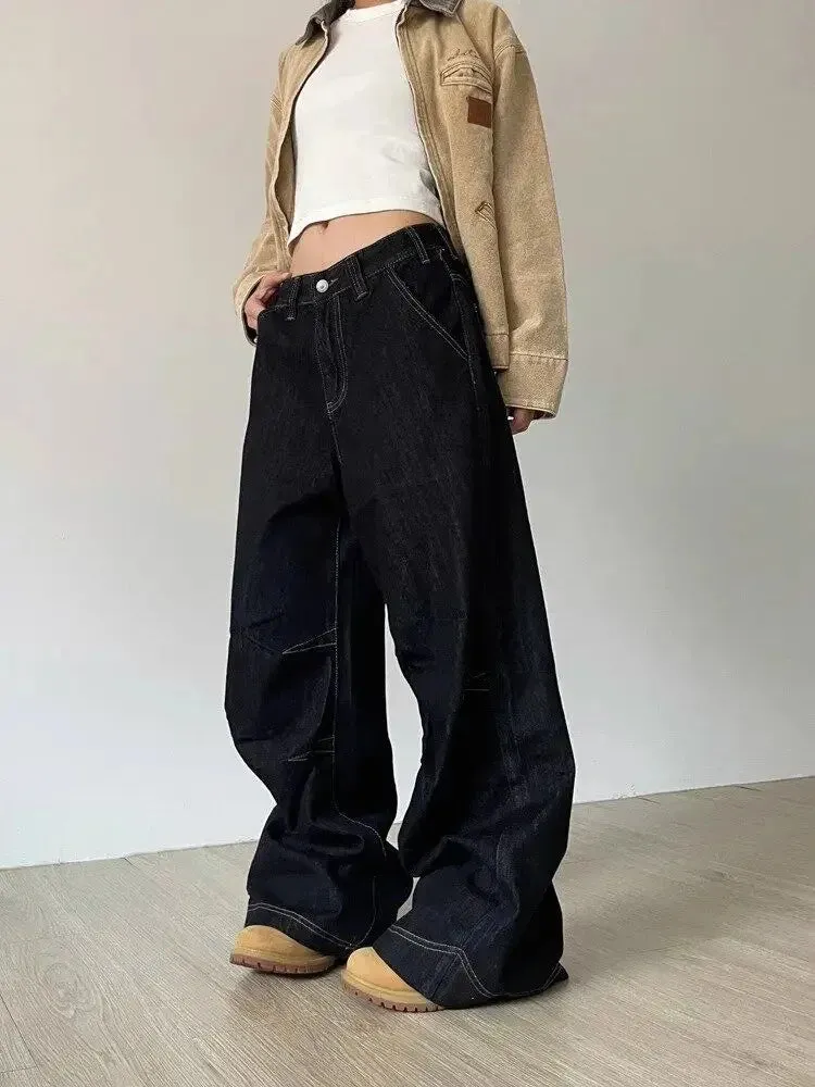 Bonnyshow Grunge Y2k Black Jeans Women Vintage Oversized High Street Cargo Denim Trousers Wide Casual Baggy Straight Denim Pants