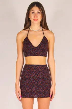 Bralette and Skirt - Stretchy Black with Red Floral