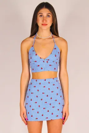 Bralette and Skirt - Stretchy Blue Checker with Roses