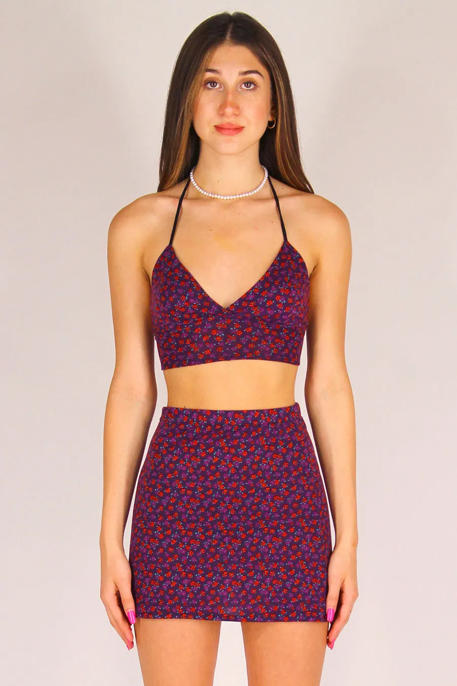 Bralette and Skirt - Stretchy Purple with Red Floral