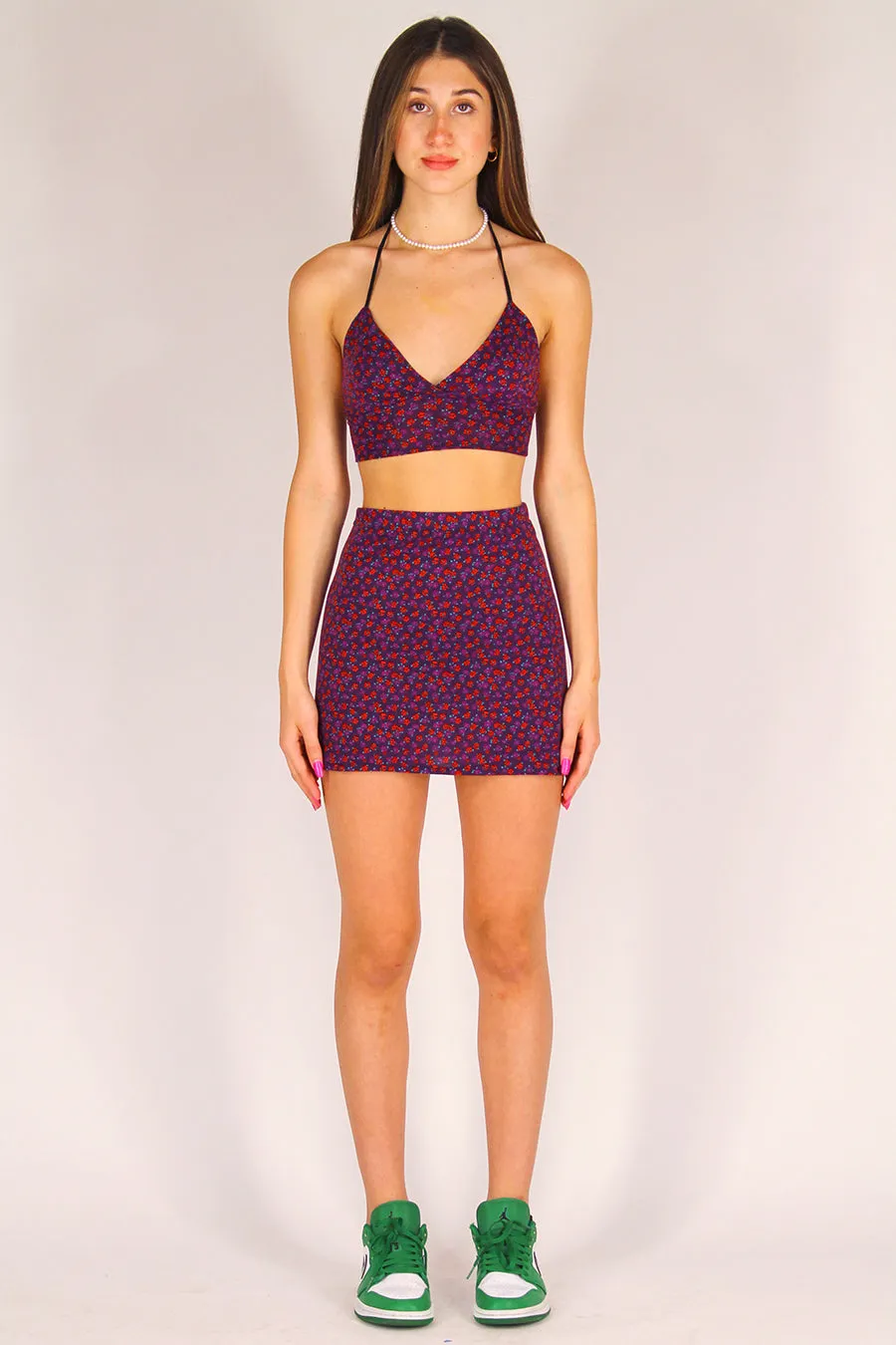 Bralette and Skirt - Stretchy Purple with Red Floral