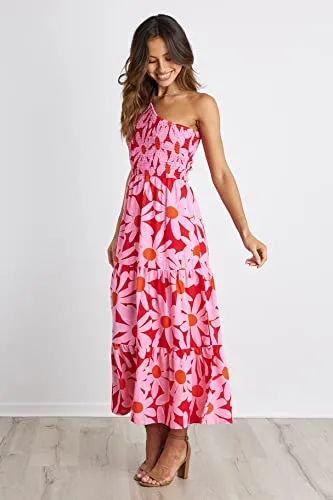 BTFBM Women One Shoulder Sleeveless Casual Summer Dresses 2023 Smocked High Waist Floral Flowy Beach Boho Maxi Dress(Floral Red, Small)