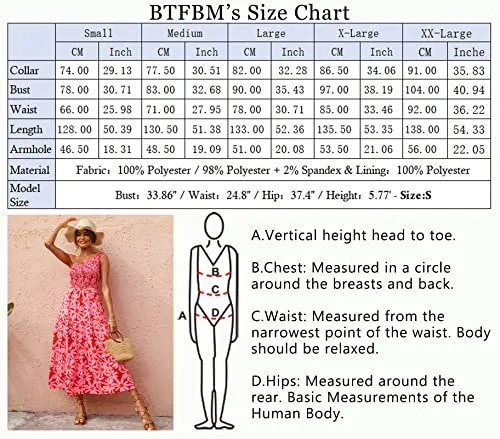 BTFBM Women One Shoulder Sleeveless Casual Summer Dresses 2023 Smocked High Waist Floral Flowy Beach Boho Maxi Dress(Floral Red, Small)