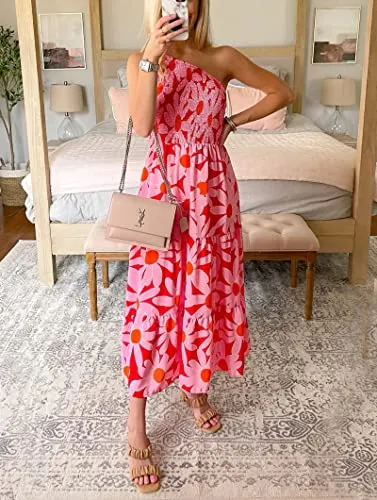 BTFBM Women One Shoulder Sleeveless Casual Summer Dresses 2023 Smocked High Waist Floral Flowy Beach Boho Maxi Dress(Floral Red, Small)