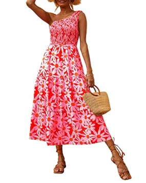 BTFBM Women One Shoulder Sleeveless Casual Summer Dresses 2023 Smocked High Waist Floral Flowy Beach Boho Maxi Dress(Floral Red, Small)