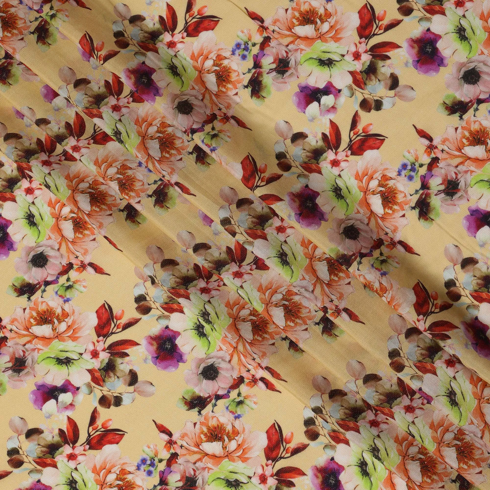 Butter Yellow Floral Viscose Crepe Digital Print Fabric, 110 cm Wide, Made in India-D20996