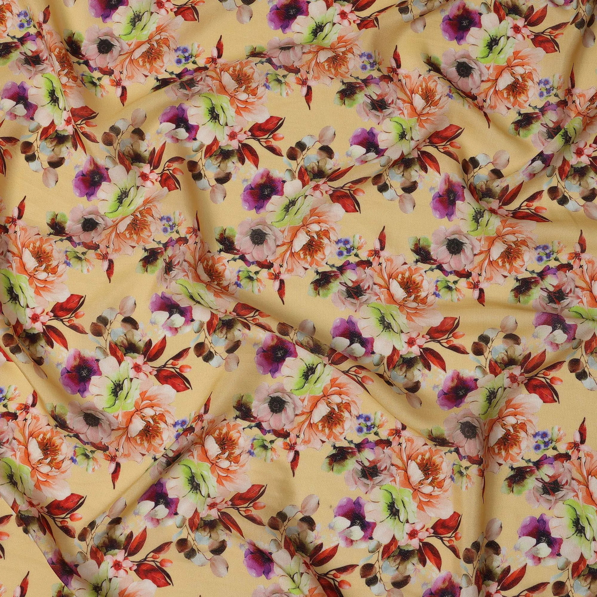 Butter Yellow Floral Viscose Crepe Digital Print Fabric, 110 cm Wide, Made in India-D20996