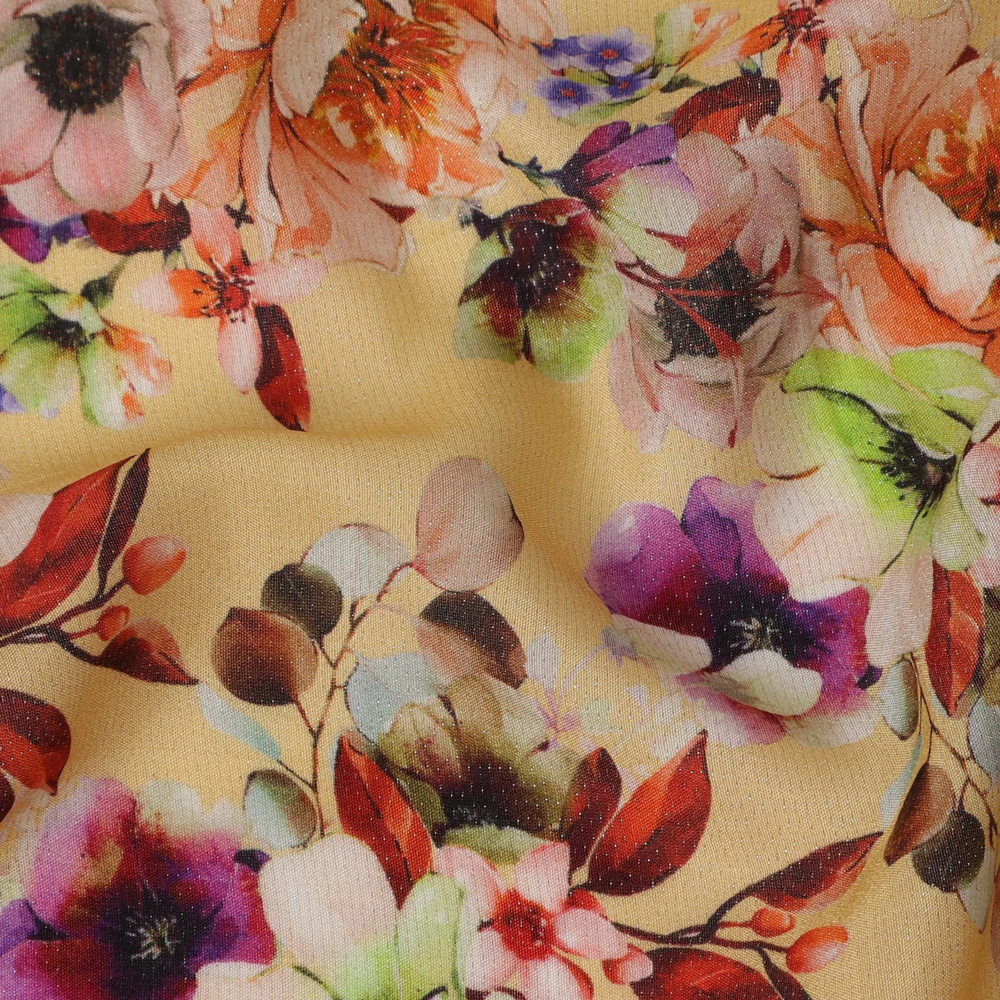 Butter Yellow Floral Viscose Crepe Digital Print Fabric, 110 cm Wide, Made in India-D20996